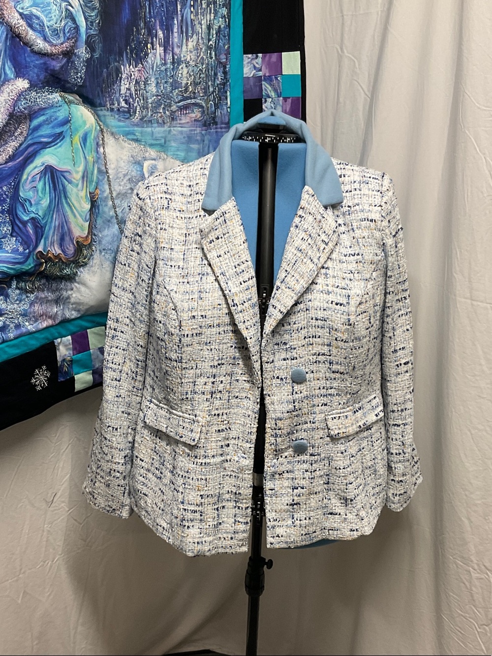 SHEIN Light Blue & White Tweed Blazer Jacket